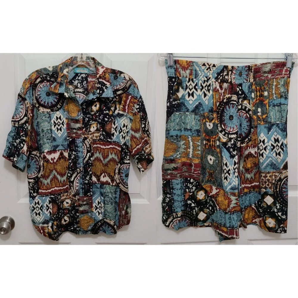 Vtg Coral Bay Button Up Top High Waist Shorts Outfit Set Aztec Western Print PM